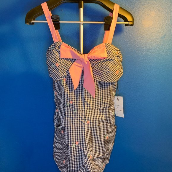 Unique Vintage Navy Gingham & Pink Floral Embroidered Rae Romper with Bow Size M - Picture 3 of 8
